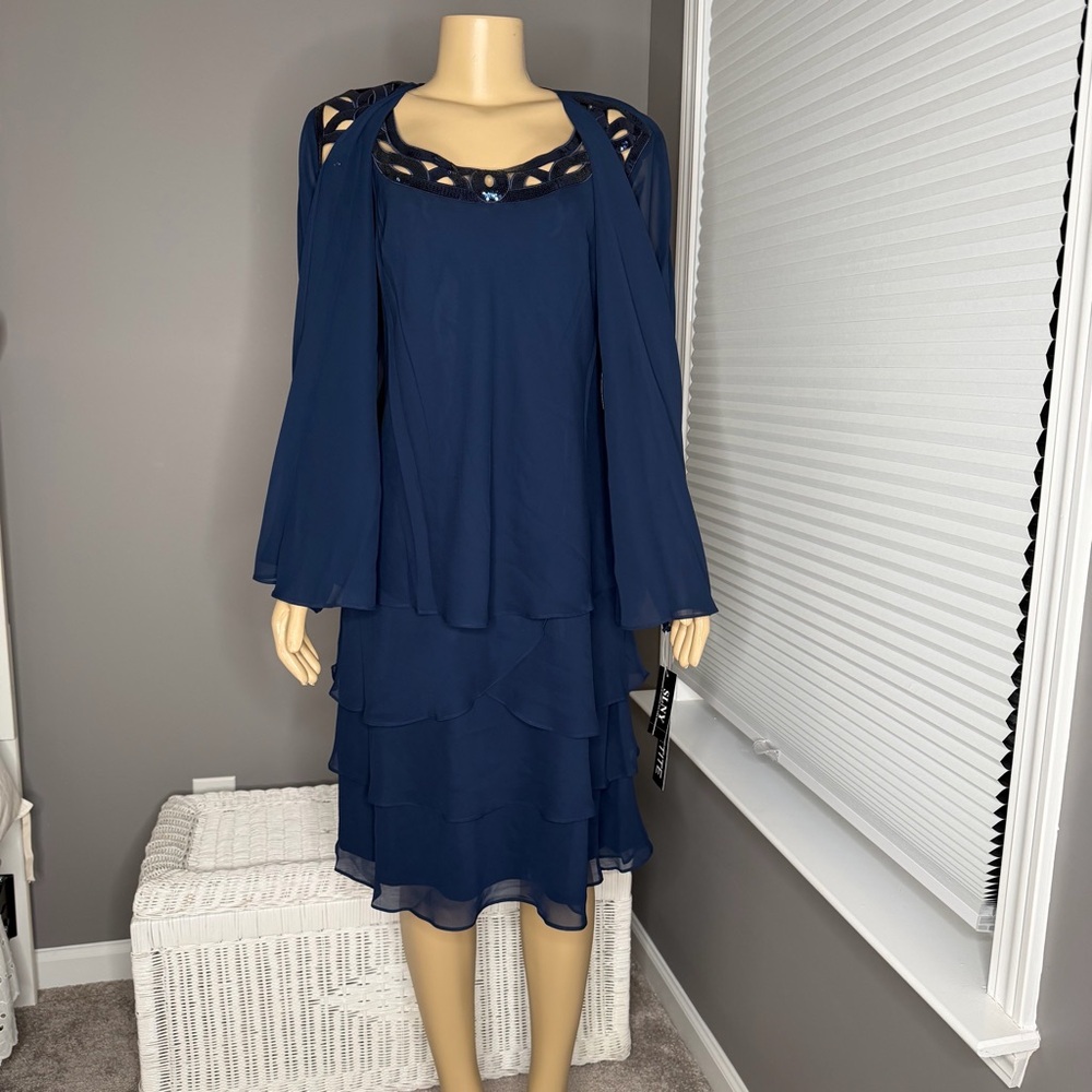 SLNY Mother of The Bride Jacket Dress with Sequined Cut Out Shoulder NWT - Picture 6 of 15